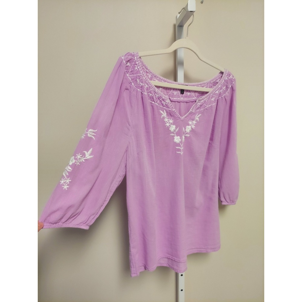 Talbots Cotton‎ Embroidered Floral Peasant Blouse FLAW Purple M Boho Cottage